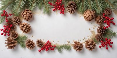 The primary subject of the image is a decorative arrangement of pine cones and berries. The setting is a white background, which provides a clean and minimalist look. The visual style is a combination of photo and digital art, creating a realistic yet artistic representation of the pine cones and berries. The colors and mood of the image are predominantly red and green, giving it a warm and festive atmosphere.